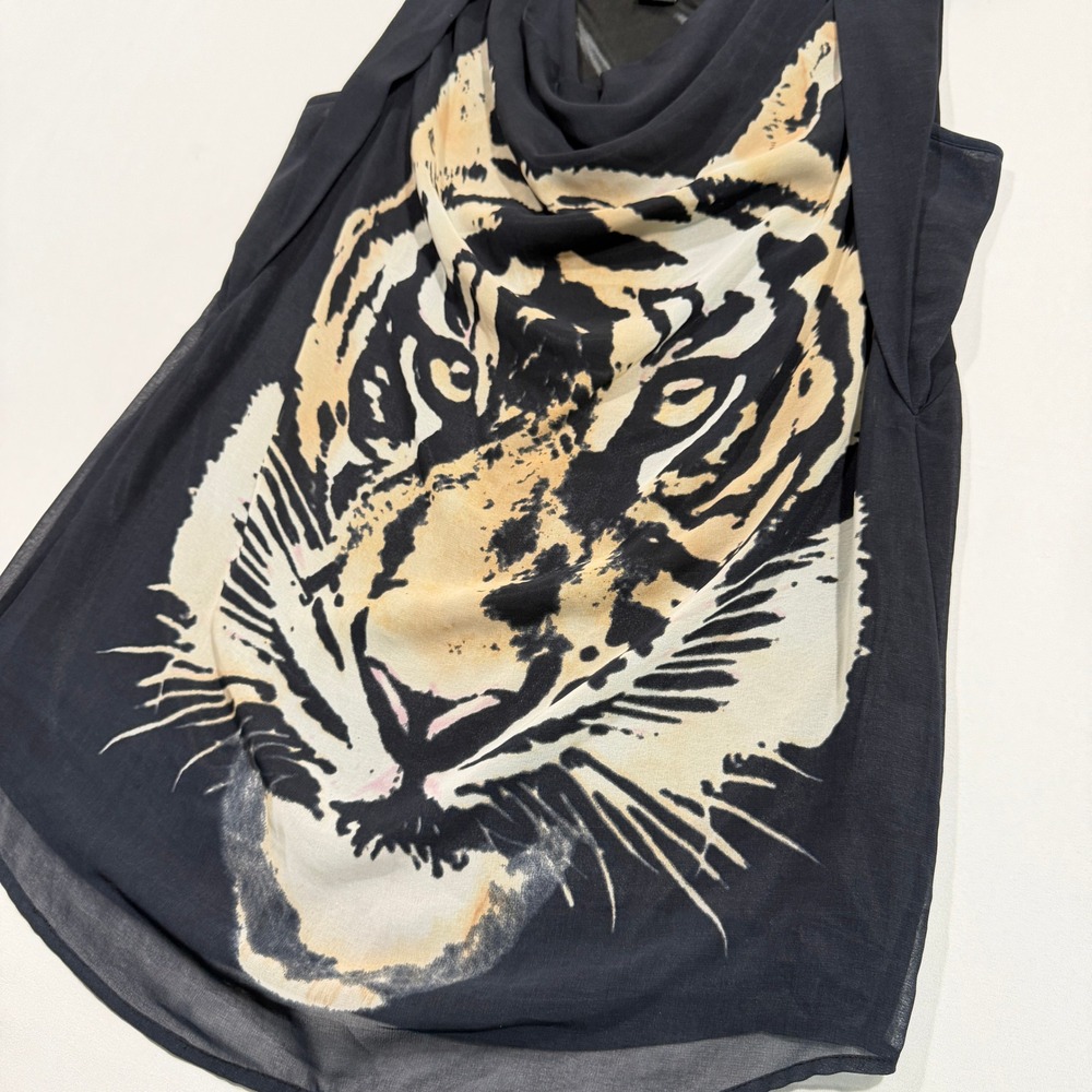 Debbie Shuchat Tiger Print Top Women L Black Cowl Neck Chiffon Animal Graphic